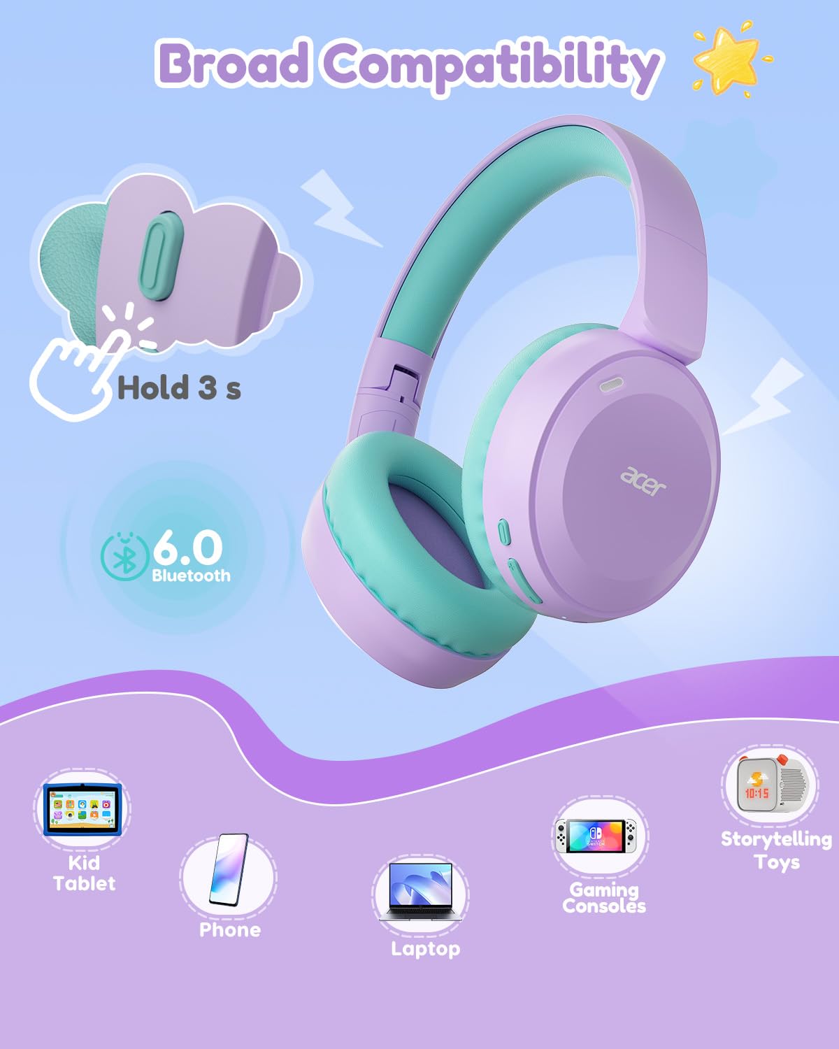 Acer OHR668 Kids' Bluetooth Headphones, Purple Green