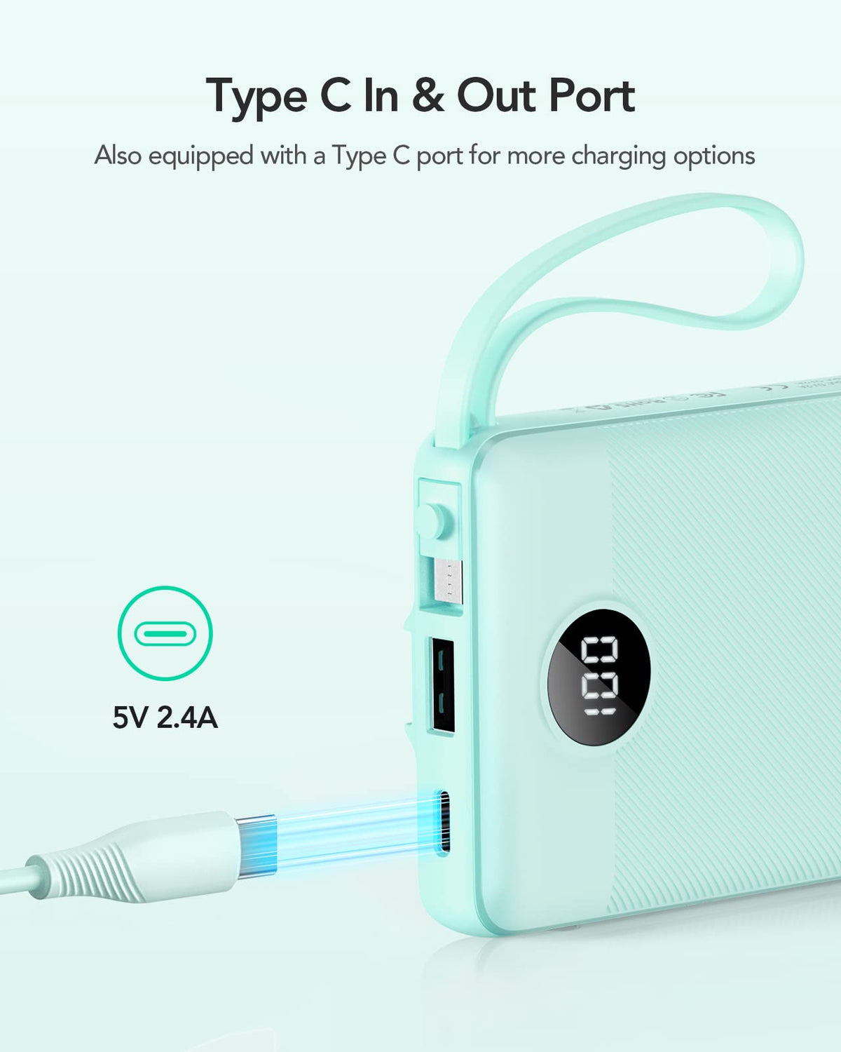 VRURC Portable Charger with Built-in Cables, 10000mAh