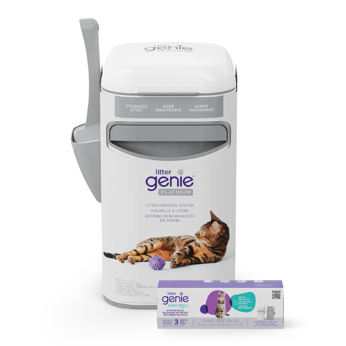 Litter Genie Platinum Stainless Steel Pail with Refill, 12 Bags