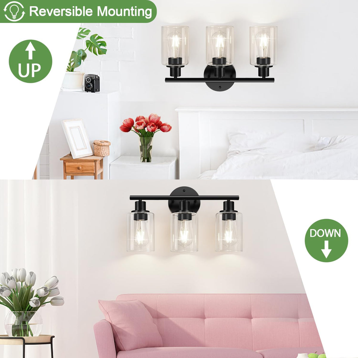 3-Light Black Bathroom Vanity Light with Clear Glass