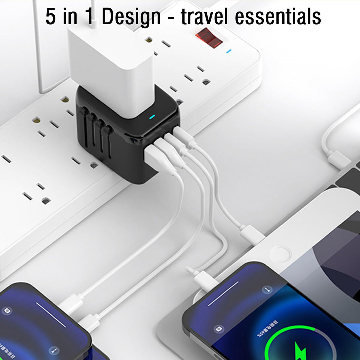 RXSQUL 5-in-1 Universal Travel Plug Adapter, 2 USB-A, 2 USB C, Black