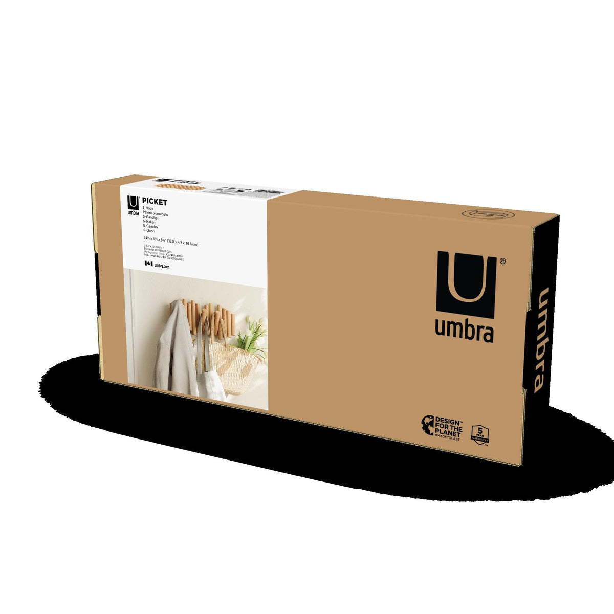 Umbra Picket Coat Rack, 5 Flip-Down Wood Hooks, Natural