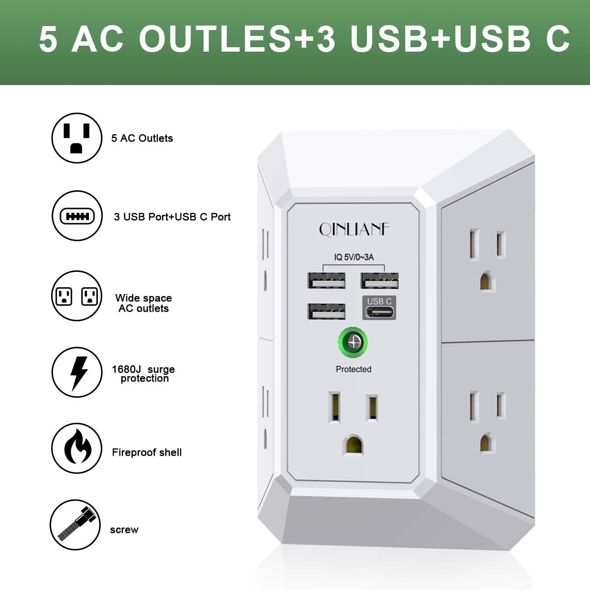 QINLIANF 5 Outlet Wall Charger Surge Protector with 4 USB Ports