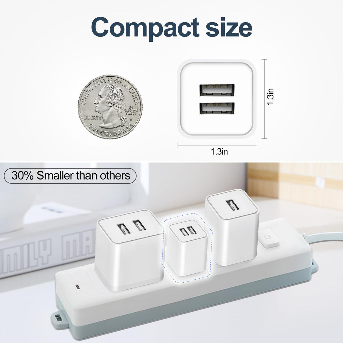 Dual Port USB Wall Charger Block, 2.1A, 2 Pack