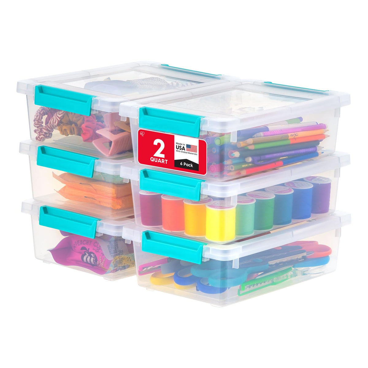 IRIS USA Storage Bins with Lids, 2 Qt, 6 Pack, Clear