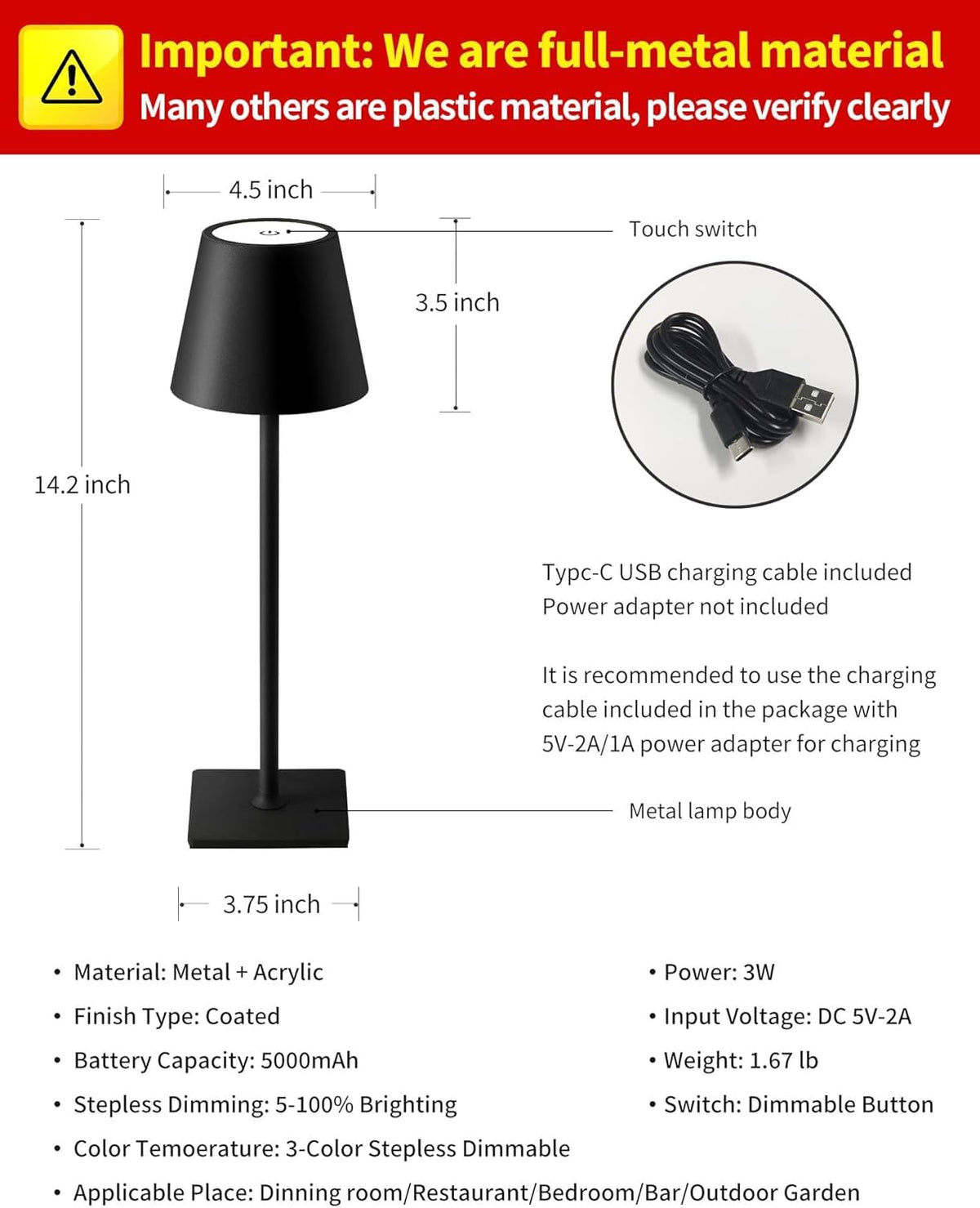Ophouliy Cordless Rechargeable LED Table Lamps, Black (2 Pack)