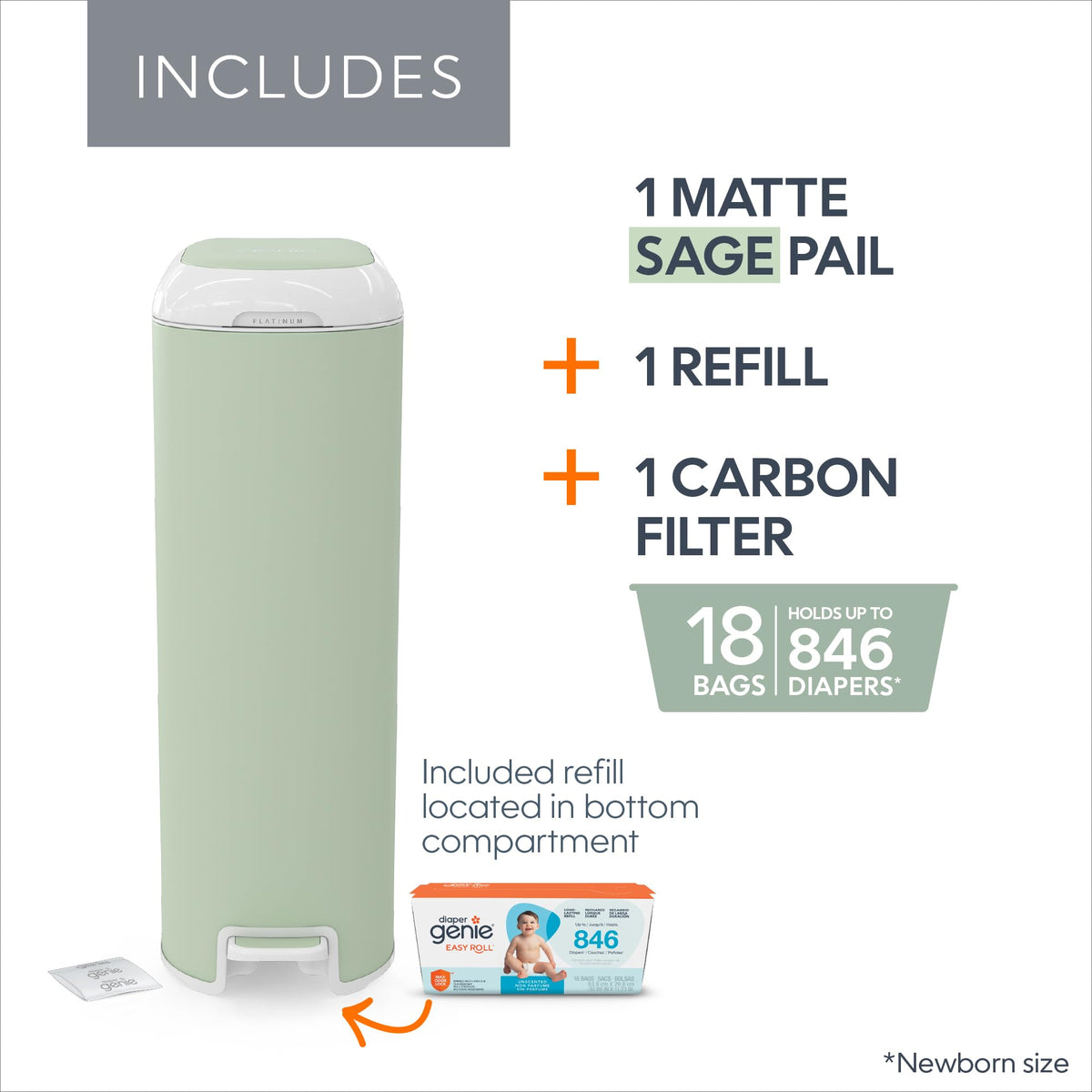 Diaper Genie Platinum Pail with Easy Roll Refill, 18 Bags