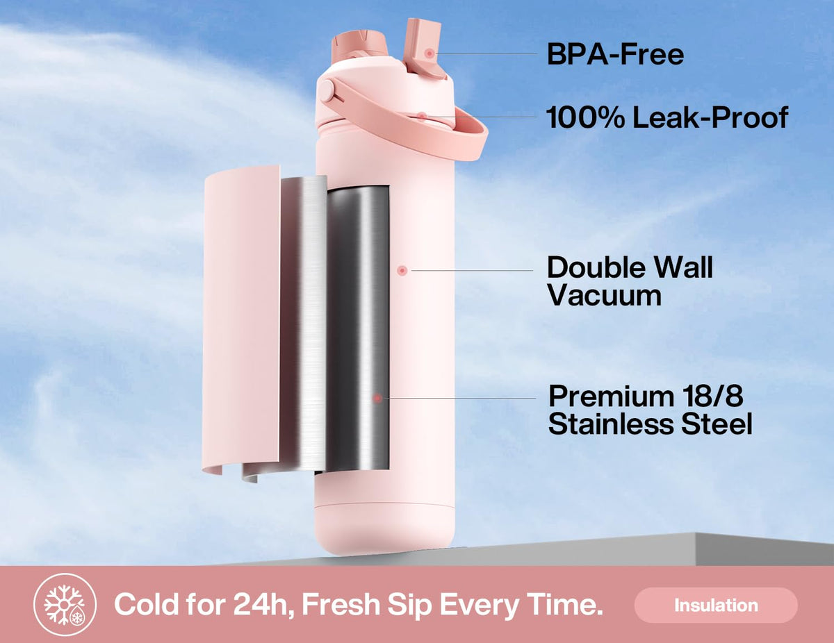 POWCAN 26 oz Insulated Water Bottle with 2-in-1 Lid, Cotton Candy