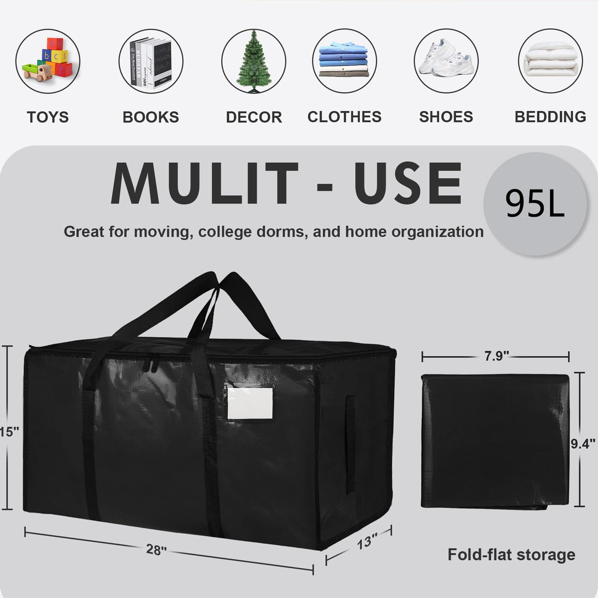 Extra Large Heavy Duty Moving Bags with Zippers, Black (6 Pack)