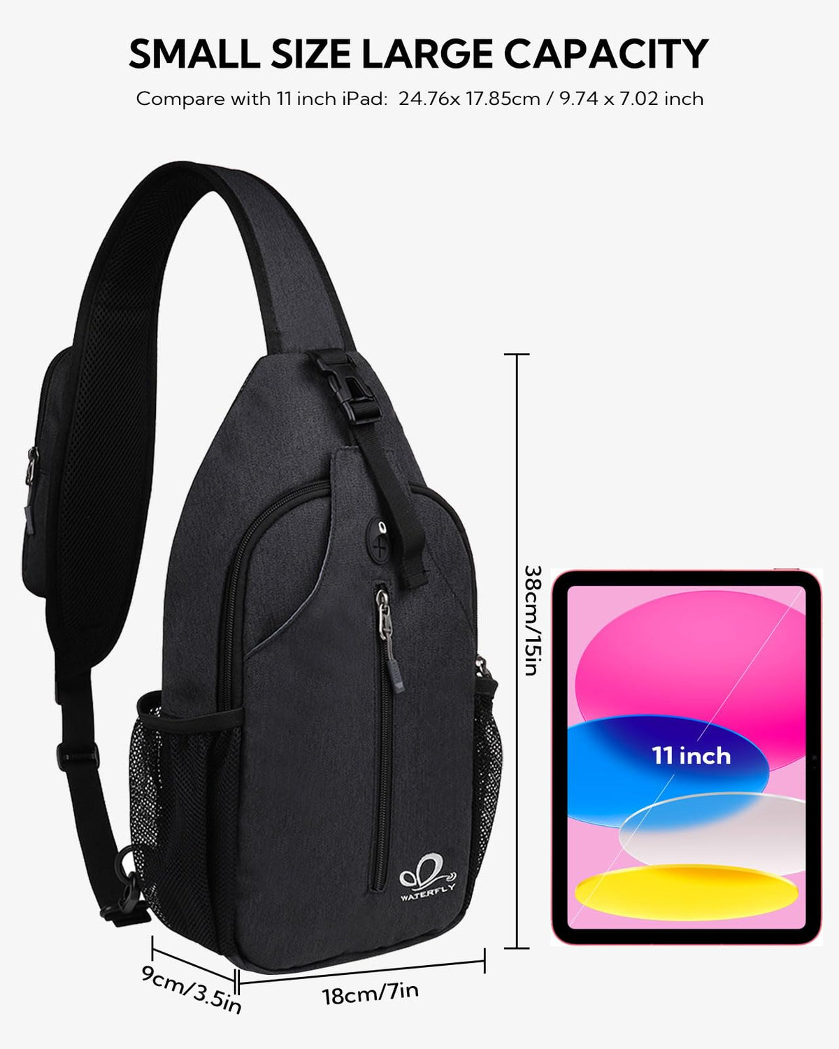 WATERFLY Sling Bag Crossbody Backpack, Black