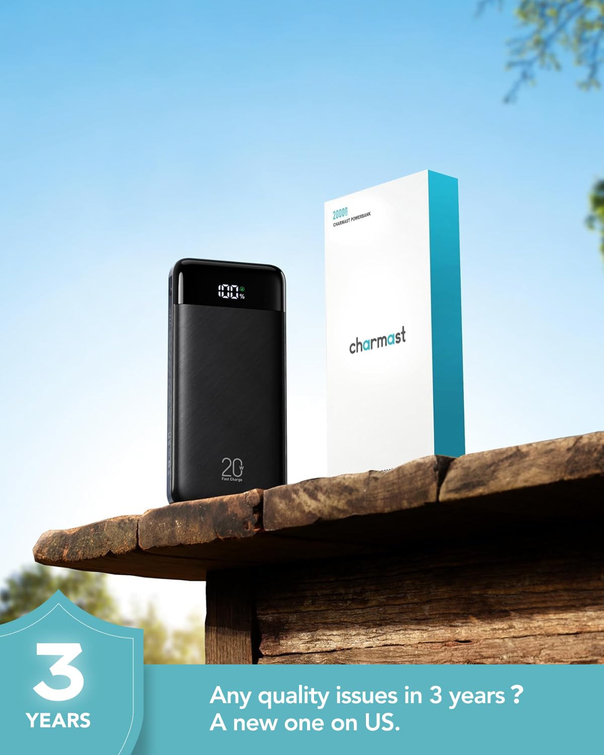 Charmast Power Bank, 20000mAh, 22.5W, Built-In Cables