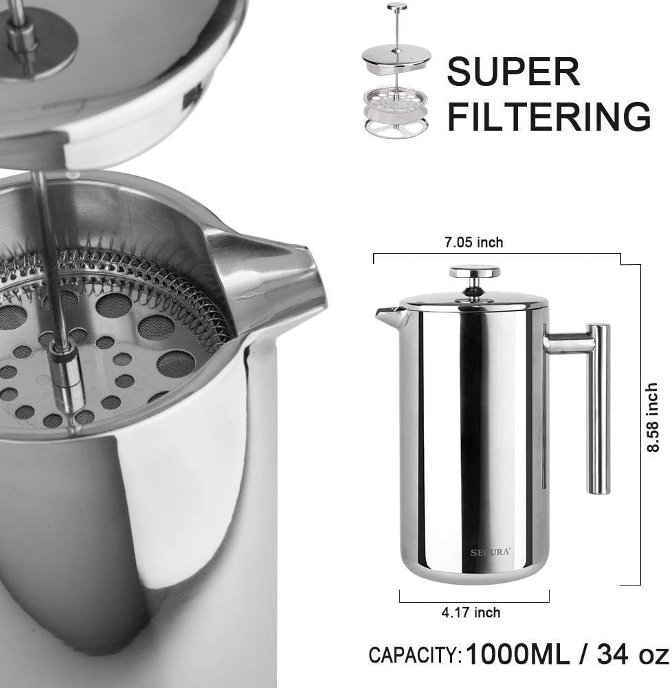 Secura French Press Coffee Maker, 34 oz (1 L), Stainless Steel, Silver