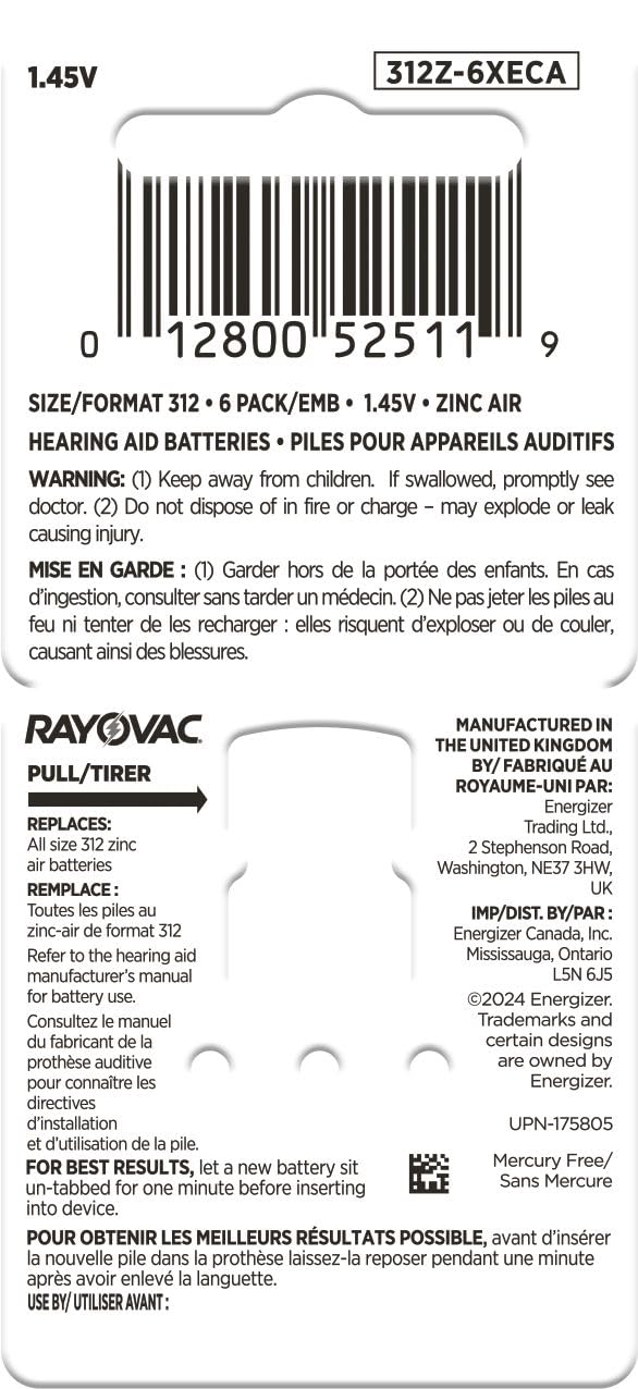 Rayovac Extra Size 312 Hearing Aid Batteries, 60 Batteries