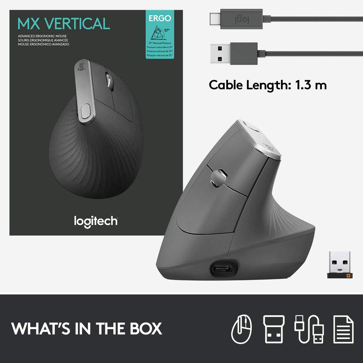 Logitech MX Vertical Wireless Ergonomic Mouse, Graphite
