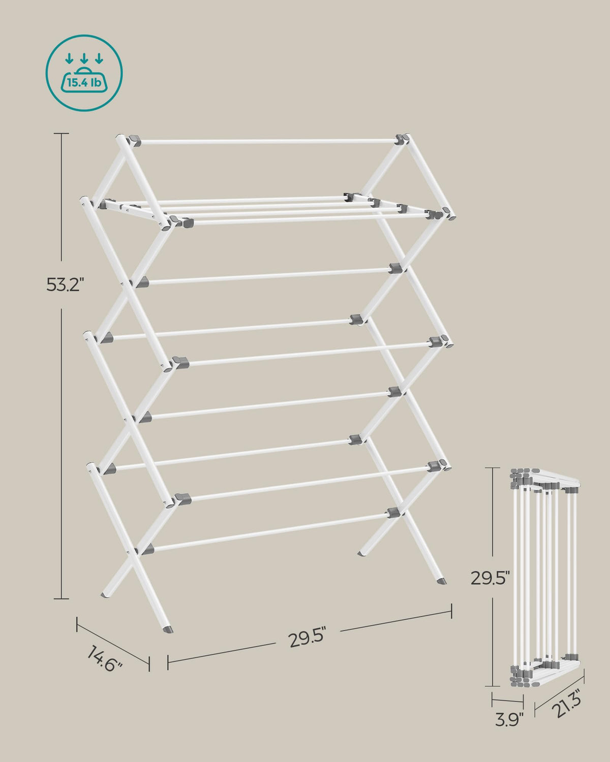 SONGMICS Foldable Clothes Drying Rack, 37 x 75 x 135.1 cm, White