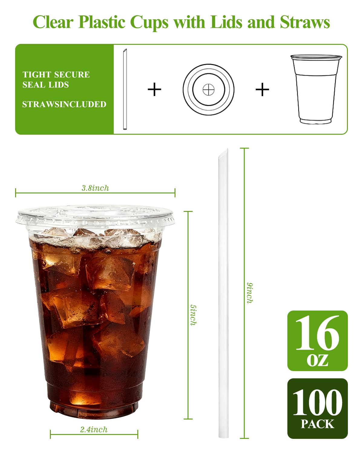 Goodluck Clear Plastic Cups with Lids and Straws, 16oz, 100 Pack