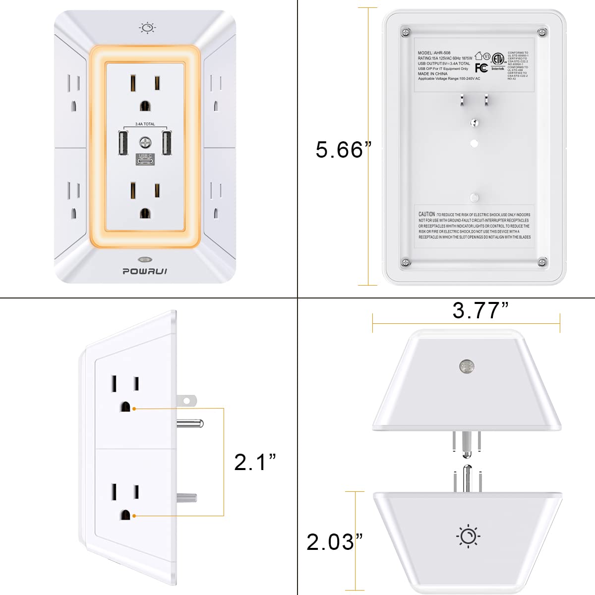 Powrui 3-Sided Power Bar, 6-Outlet, 3 USB Ports, Night Light, White