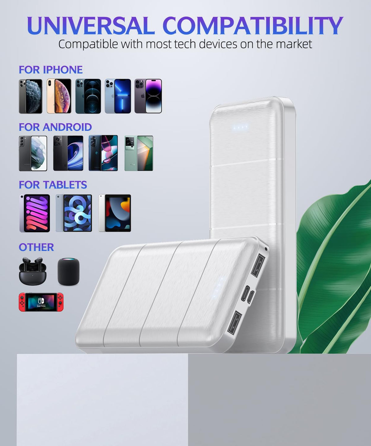 Portable Power Bank, 15000mAh Dual USB, Deep Black and White, 2 Pack