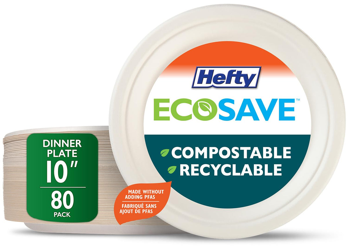 Hefty Ecosave Compostable Paper Plates, 10 Inch, 80 Count