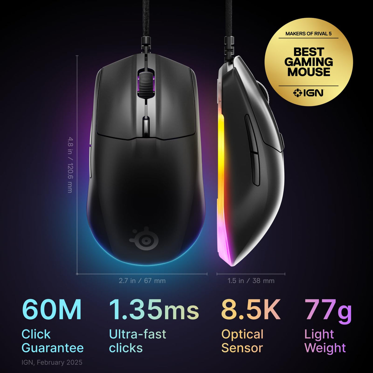 SteelSeries Rival 3 Gen 2 Gaming Mouse, 8500 DPI, Black