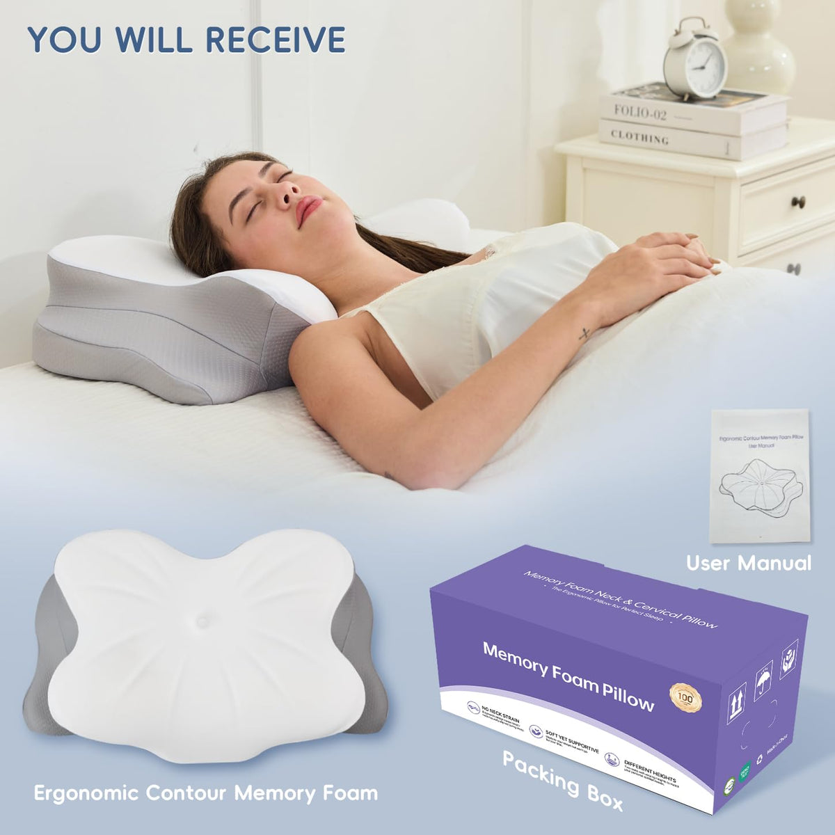 Snugup Ergonomic Cervical Memory Foam Neck Pillow, White