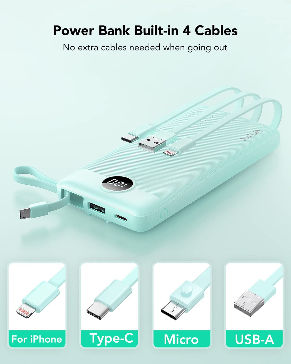 VRURC Portable Charger with Built-in Cables, 10000mAh