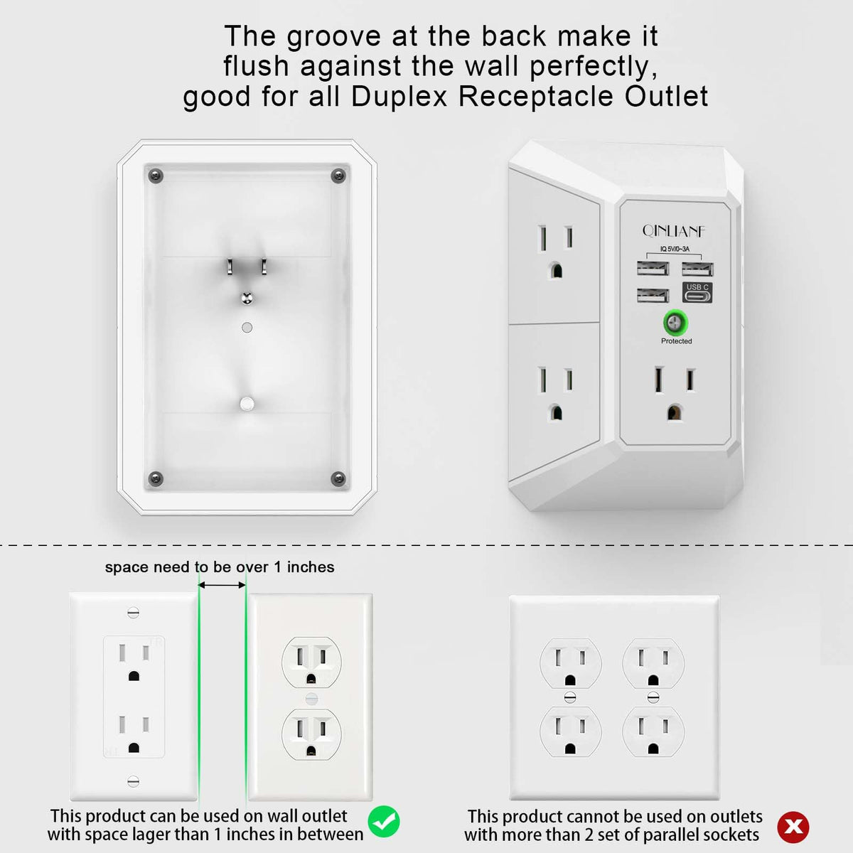 QINLIANF 5 Outlet Wall Charger Surge Protector with 4 USB Ports