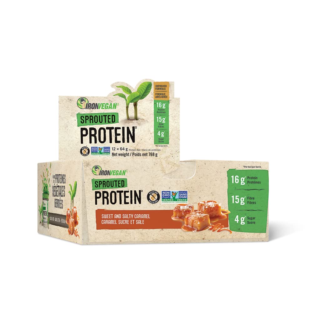 Iron Vegan Sprouted Protein Bars, Sweet and Salty Caramel, 12 Pack