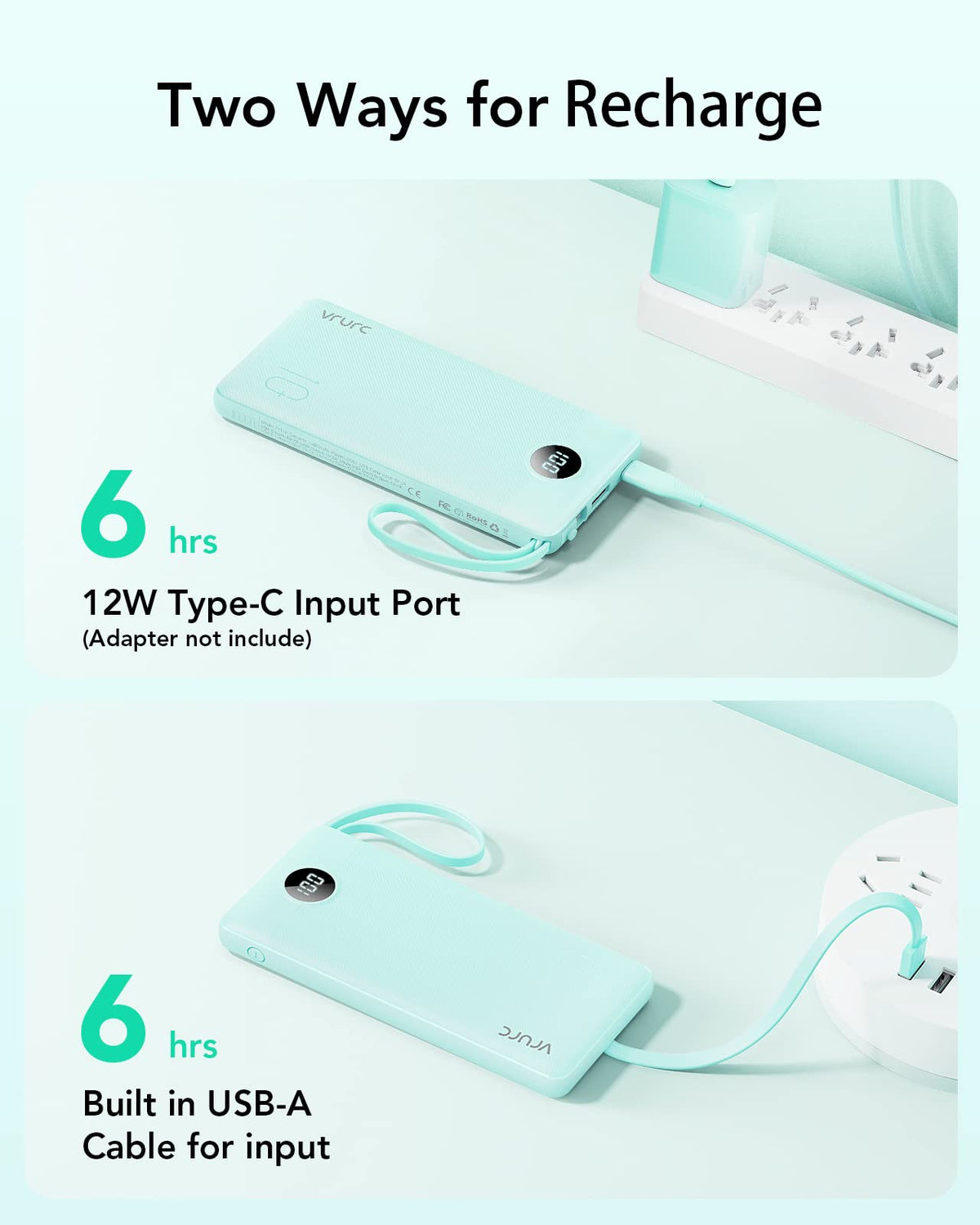 VRURC Portable Charger with Built-in Cables, 10000mAh