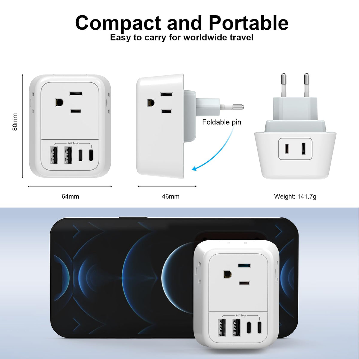 VYLEE Travel Plug Adapter, 4 AC Outlets, 4 USB Ports, Type C, 1 Pack