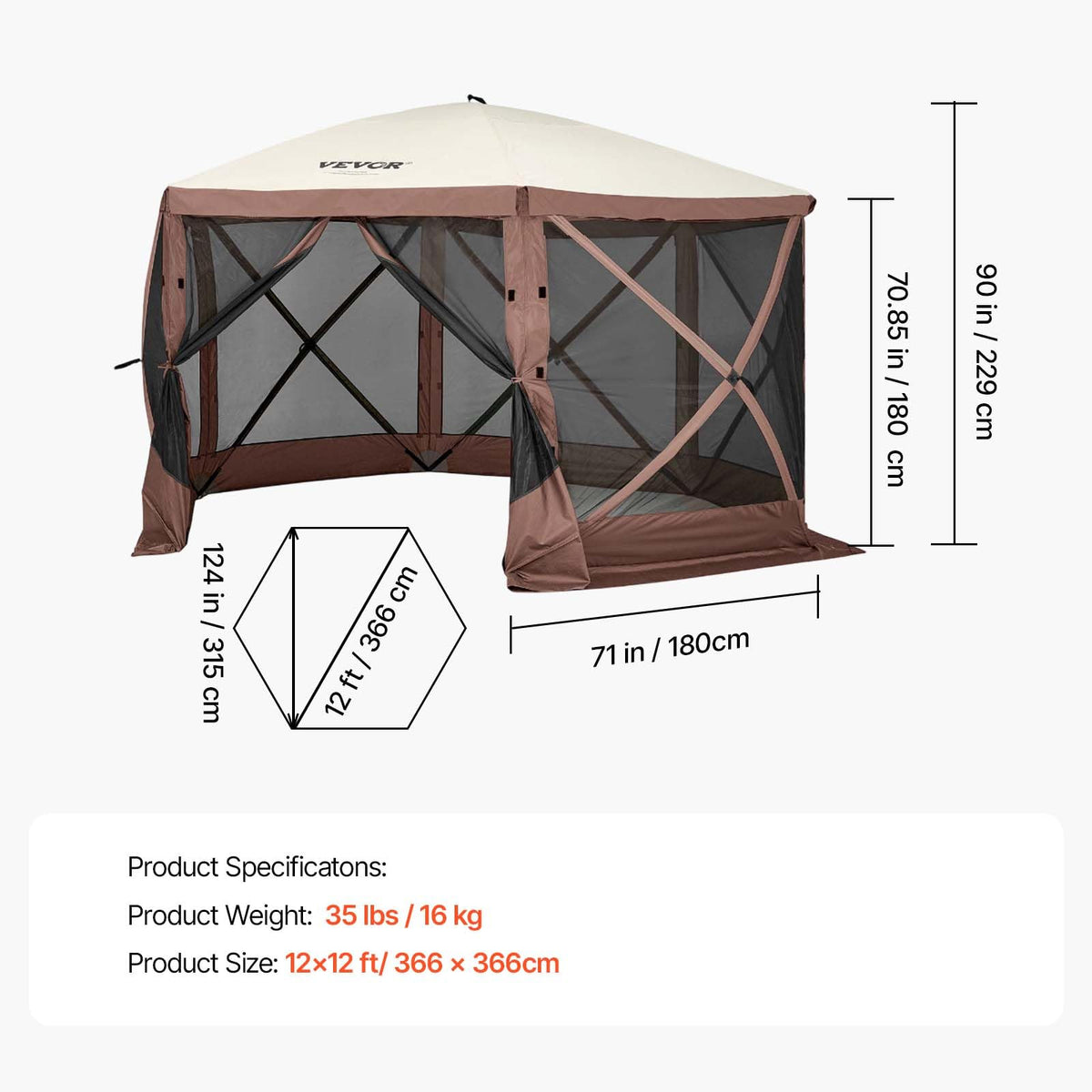 VEVOR 6-Sided Pop-Up Gazebo Screen Tent, 12' x 12', Brown & Beige