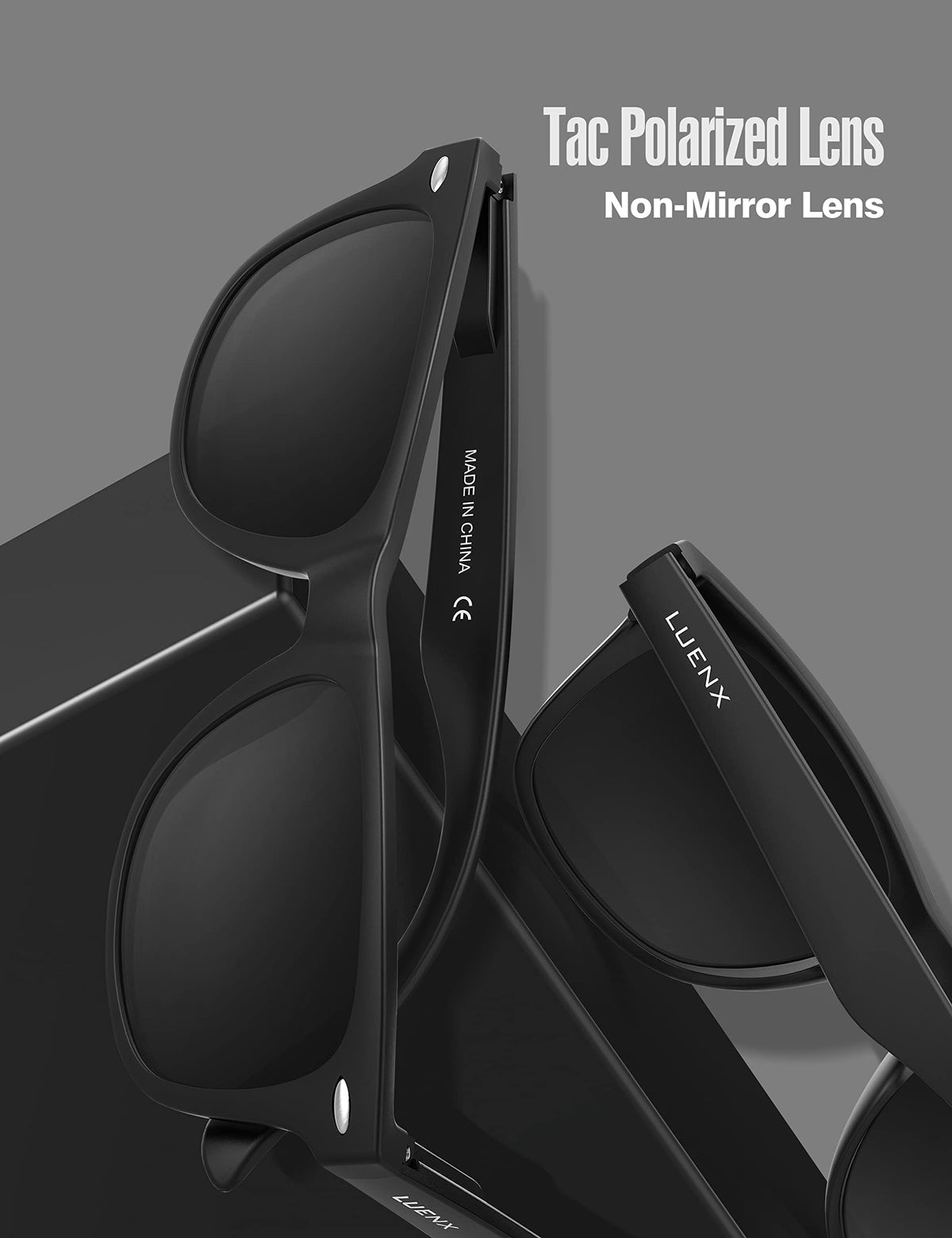 LUENX Square Polarized Sunglasses, Matte Black, 54 mm