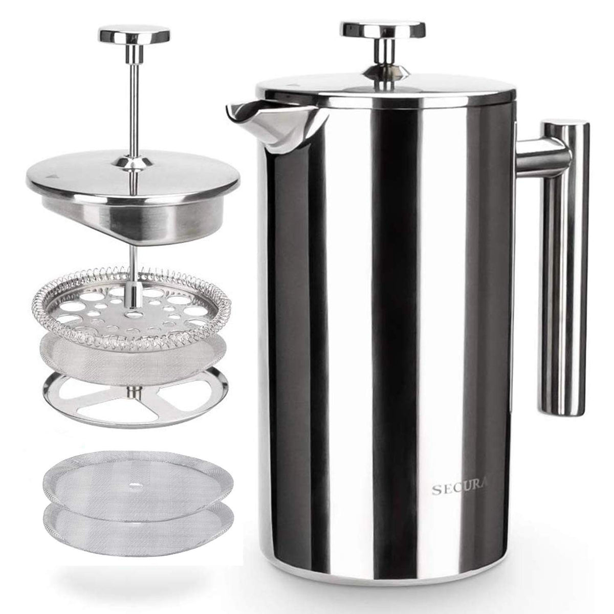Secura French Press Coffee Maker, 34 oz (1 L), Stainless Steel, Silver