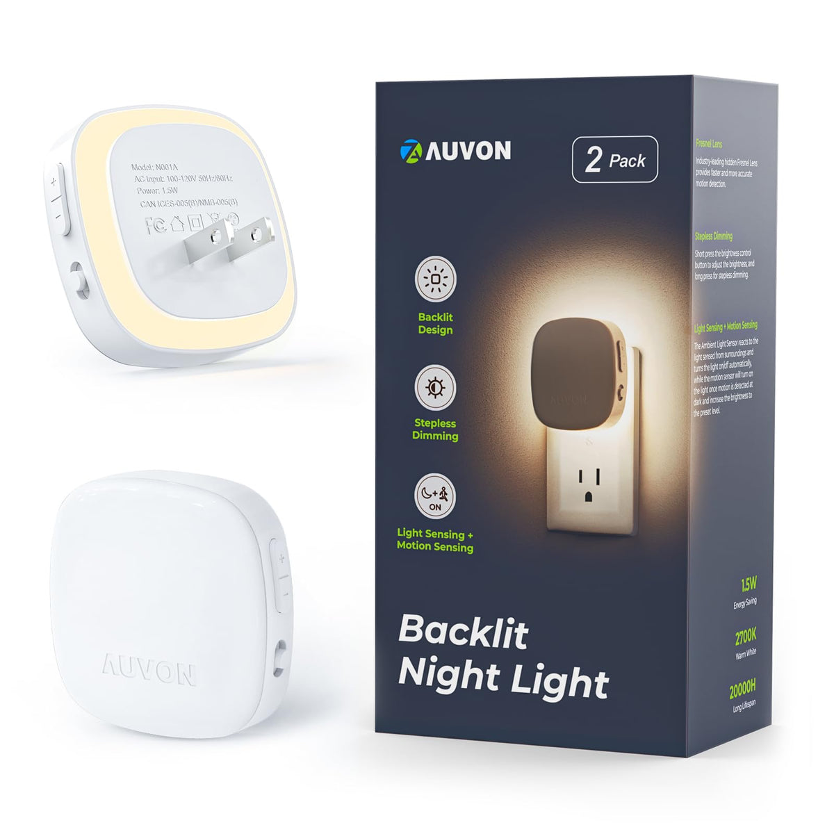 AUVON Plug-In LED Motion Sensor Night Light (2 Pack)