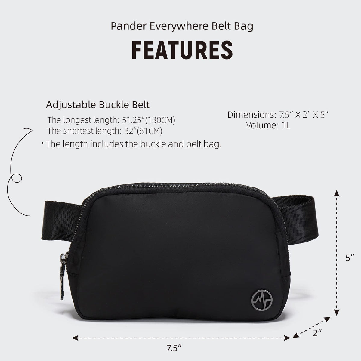 Pander 1L Fanny Pack Belt Bag for Women, Black