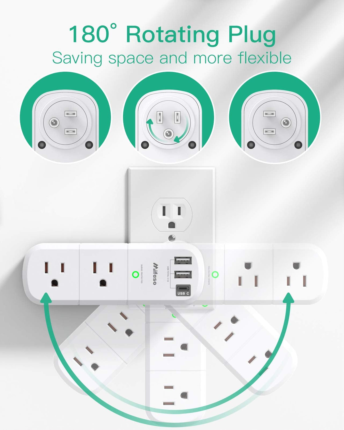 mifaso Rotating Outlet Extender Surge Protector with 3 USB Ports