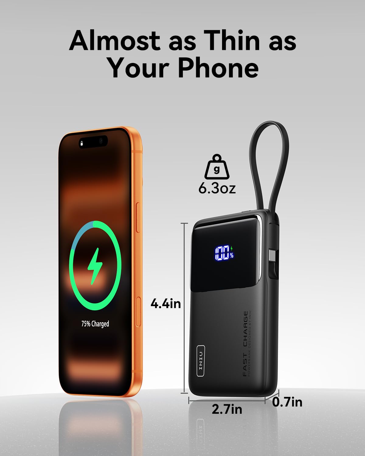 INIU 45W Slim Power Bank with Built-in USB C Cable, 10000mAh