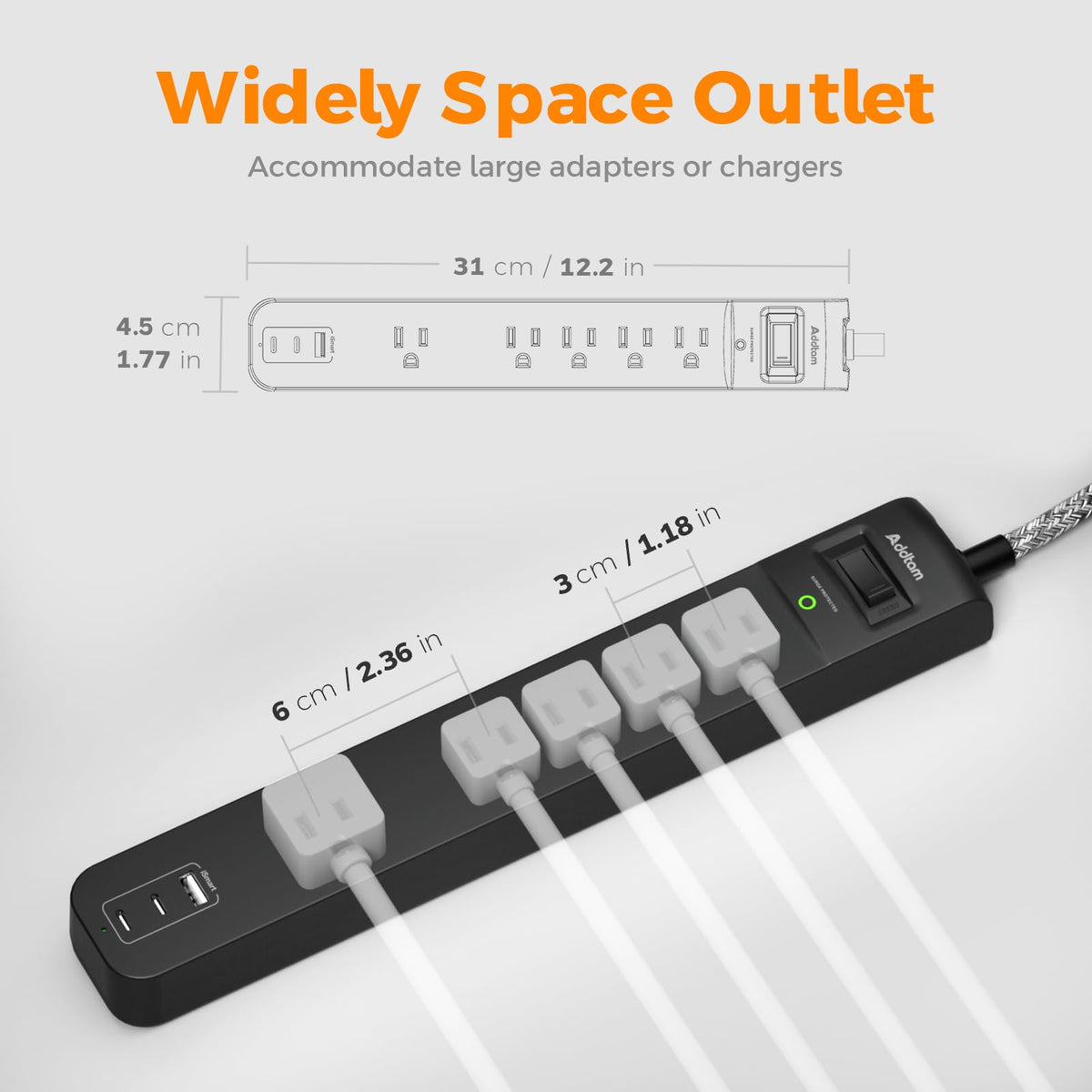 Power Bar Surge Protector with 5 Outlets and 3 USB Ports, 2 Pack