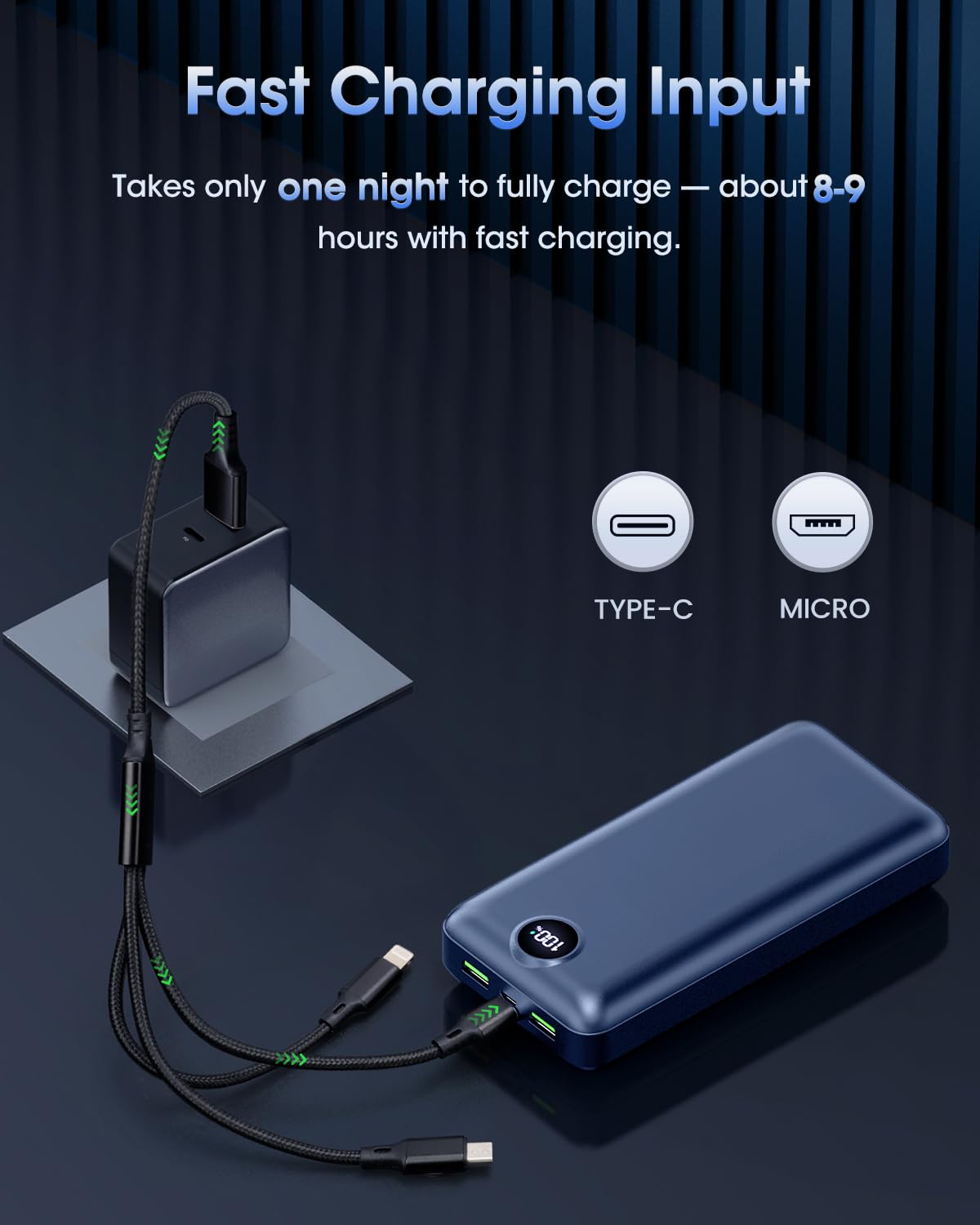 Power Bank, 50000mAh, 22.5W, 3 Outputs, 2 Inputs, LED Display