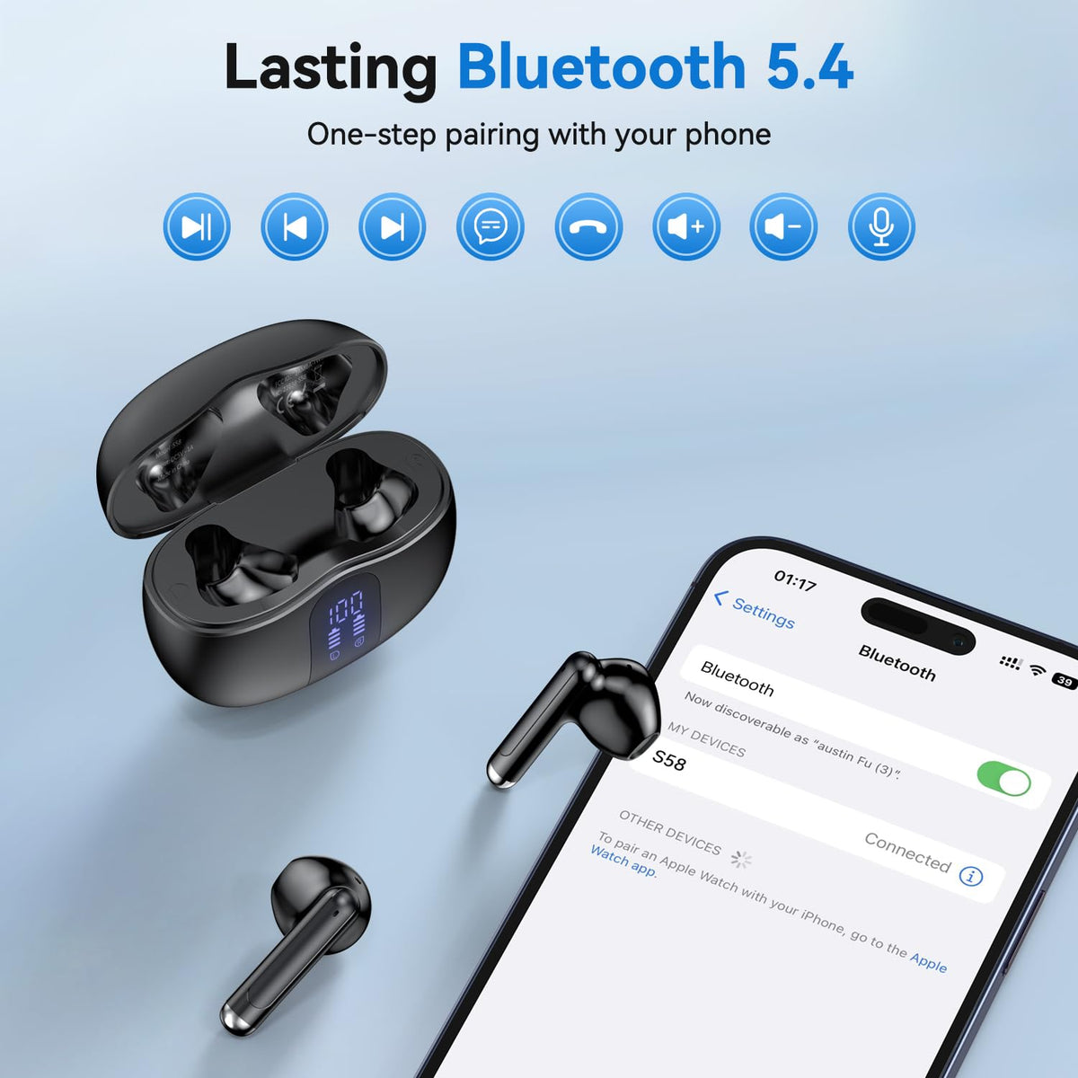 Bluetooth 5.4 Wireless Earbuds with LED Charging Case, Deep Blue