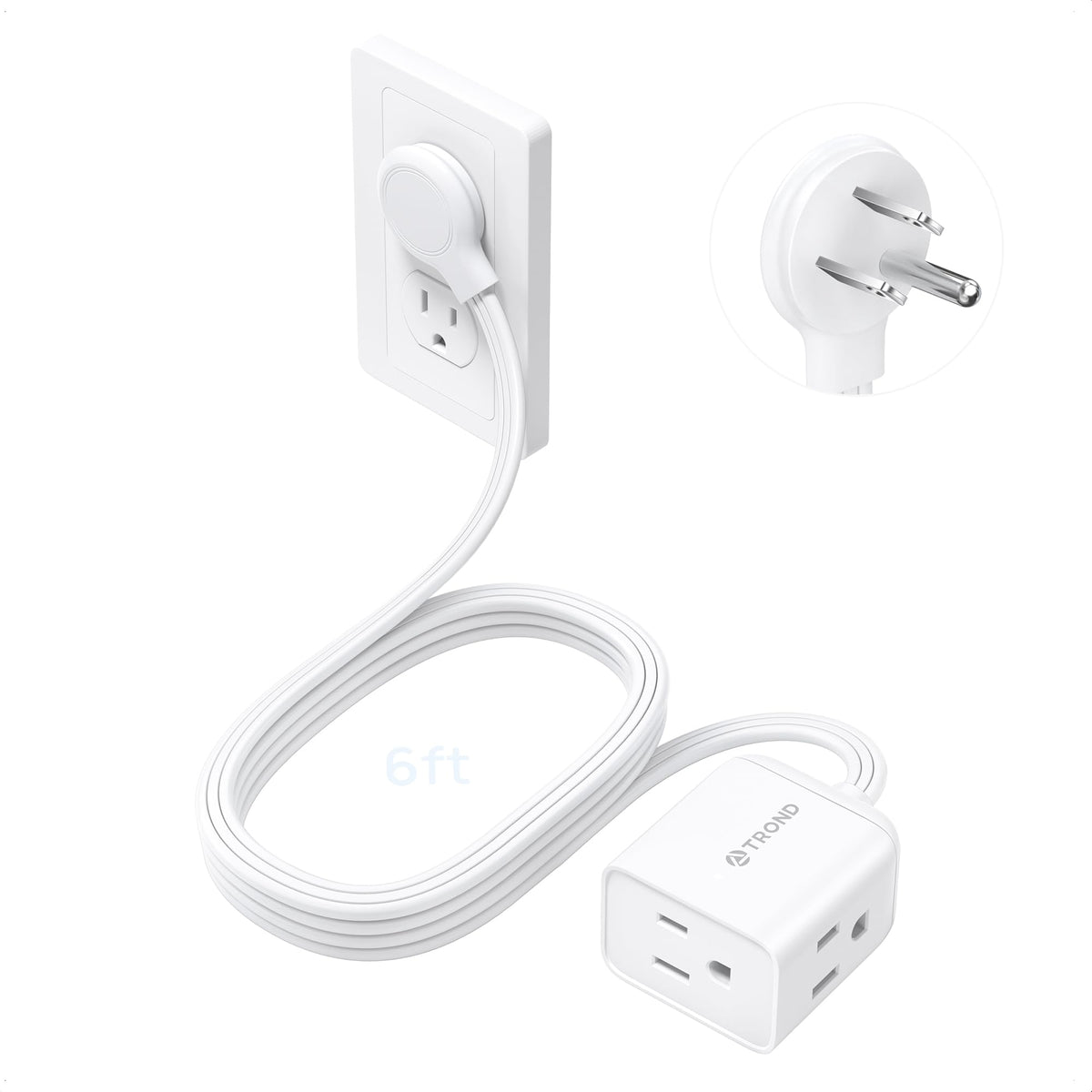 TROND 6 ft Flat Extension Cord with 3 Outlets, White