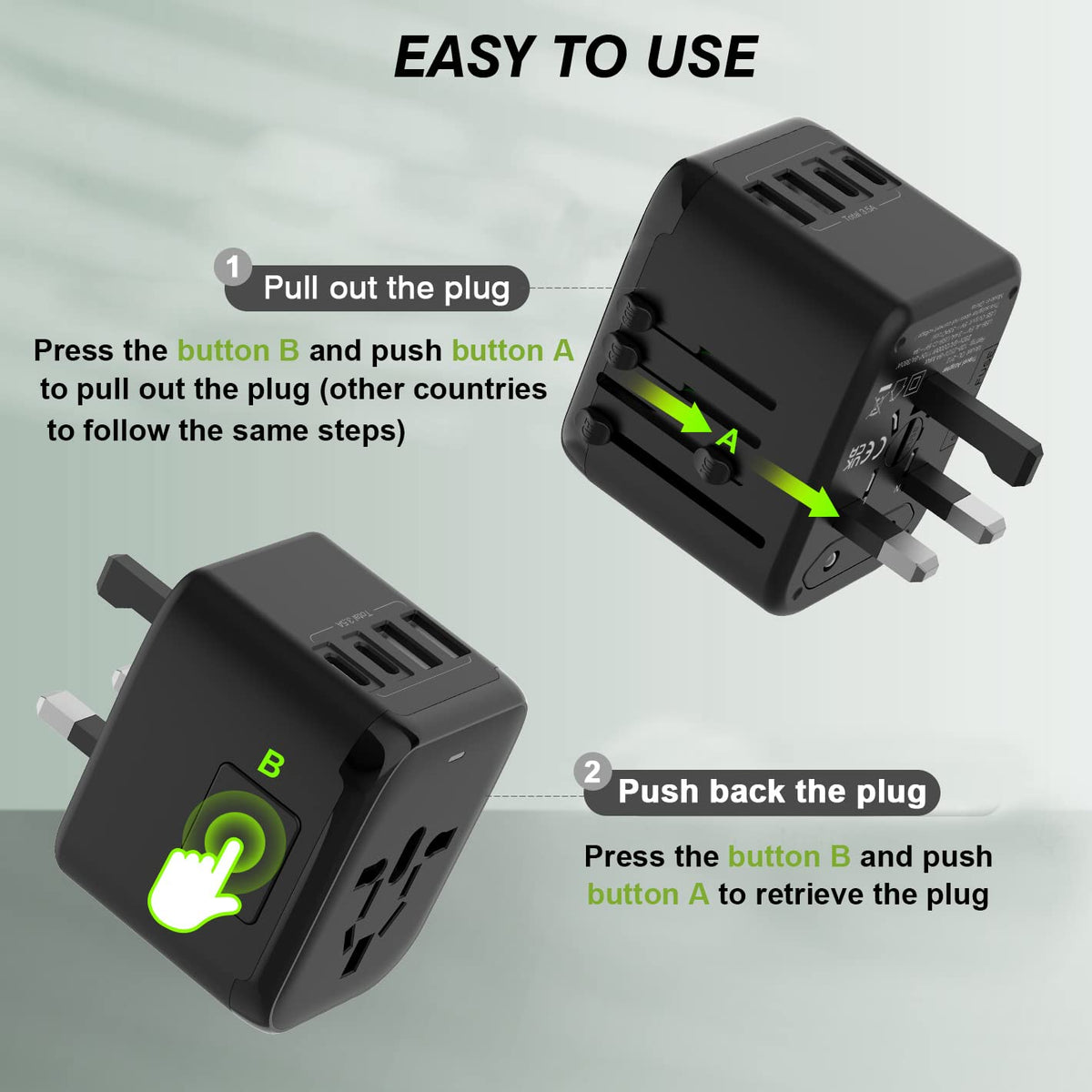 RXSQUL 5-in-1 Universal Travel Plug Adapter, 2 USB-A, 2 USB C, Black