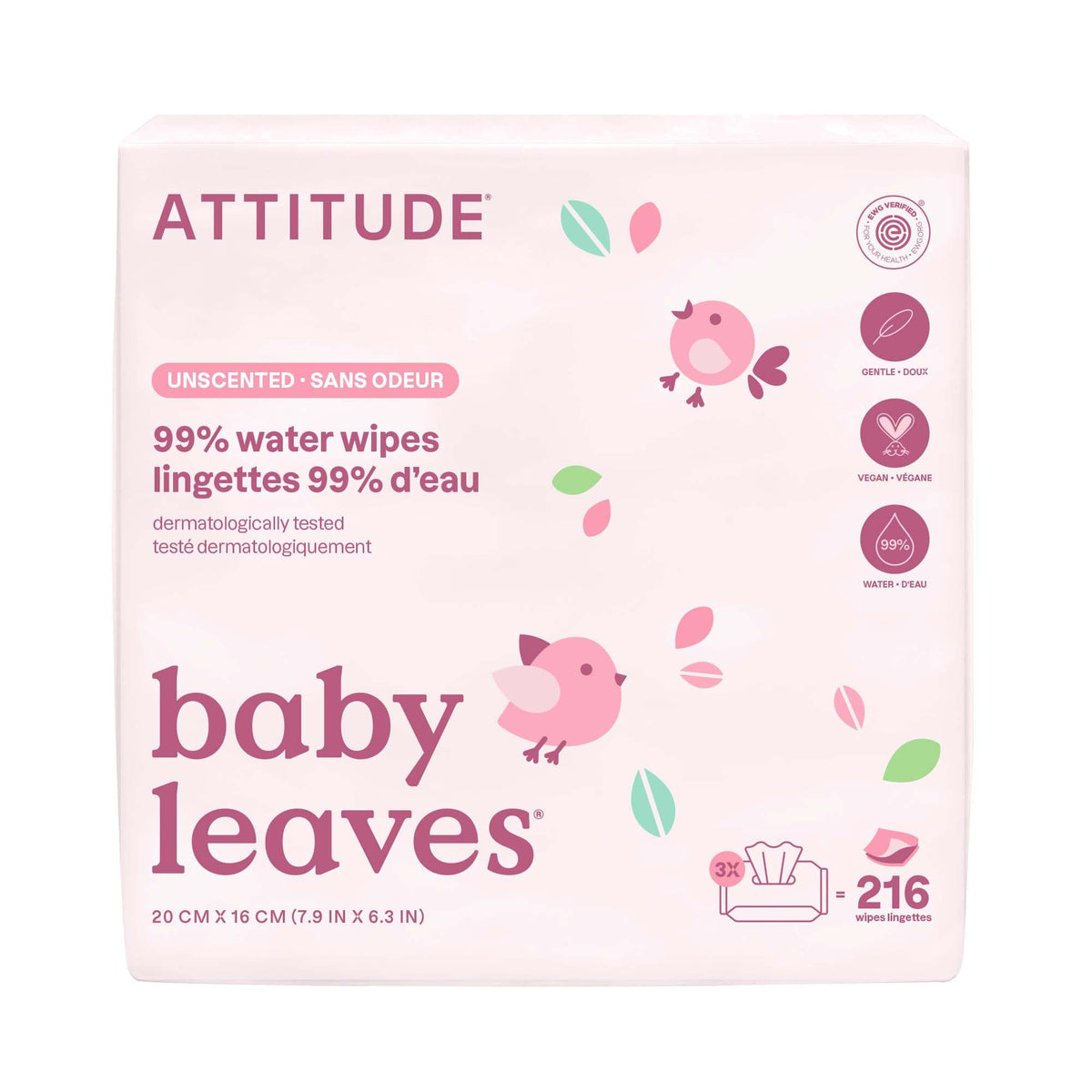 ATTITUDE Baby Water Wipes, Unscented, 72 Count, Pack of 3