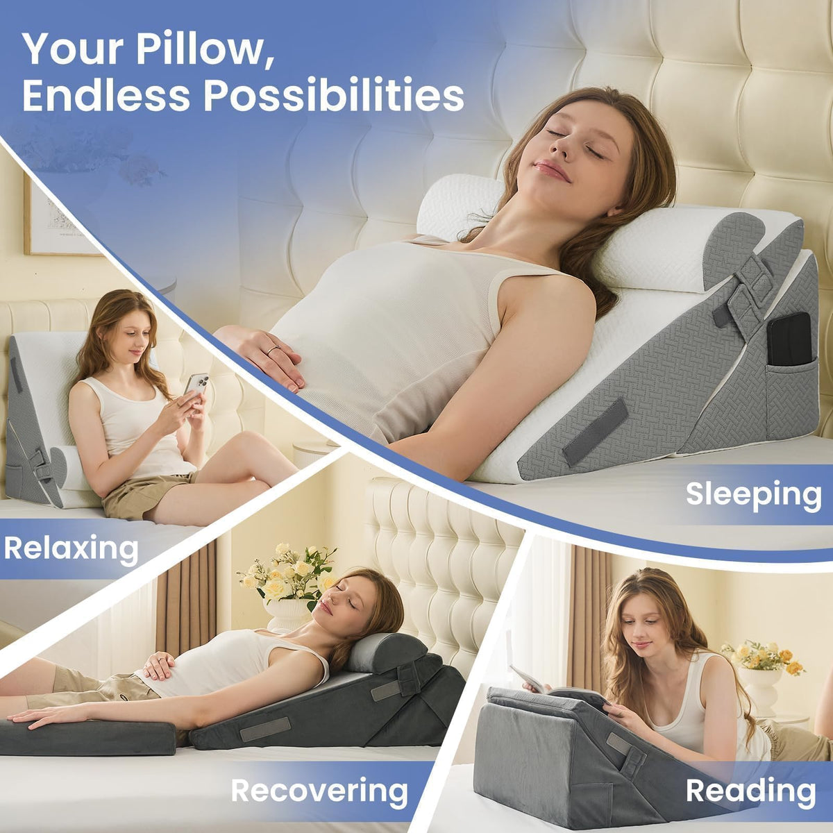 Sasttie Adjustable Wedge Pillows with Bolster, 2PCS, White/Dark Grey
