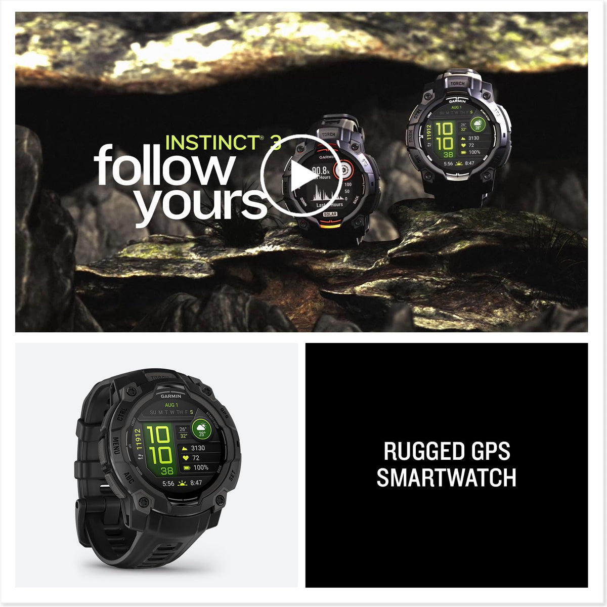 Garmin Instinct 3 AMOLED GPS Smartwatch, Black, 45mm
