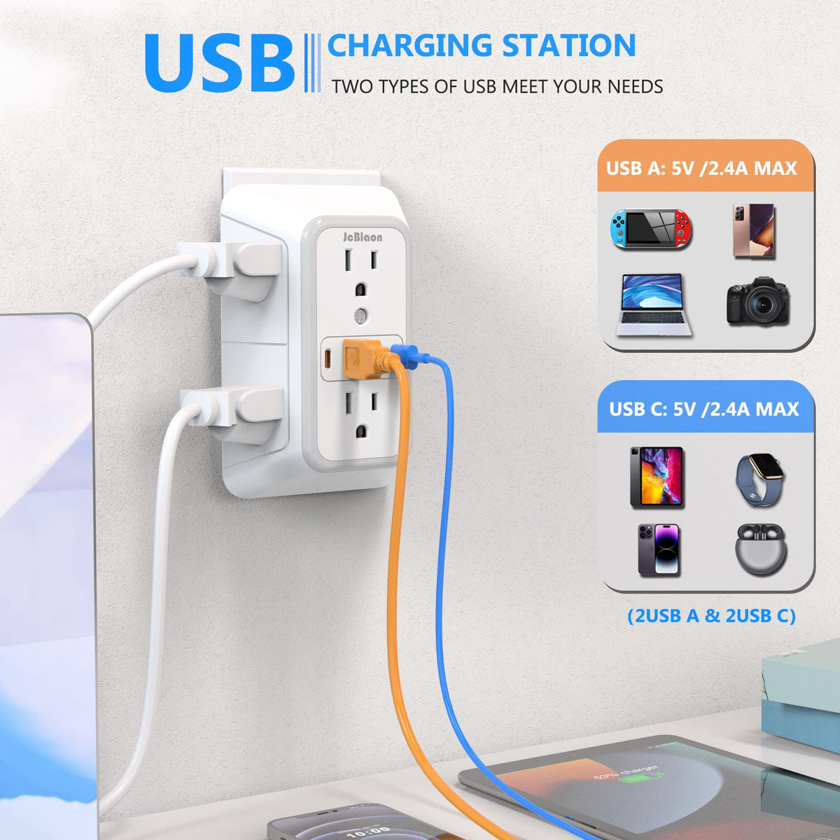 JcBlaon 6-Outlet Wall Surge Protector with 4 USB Ports, White