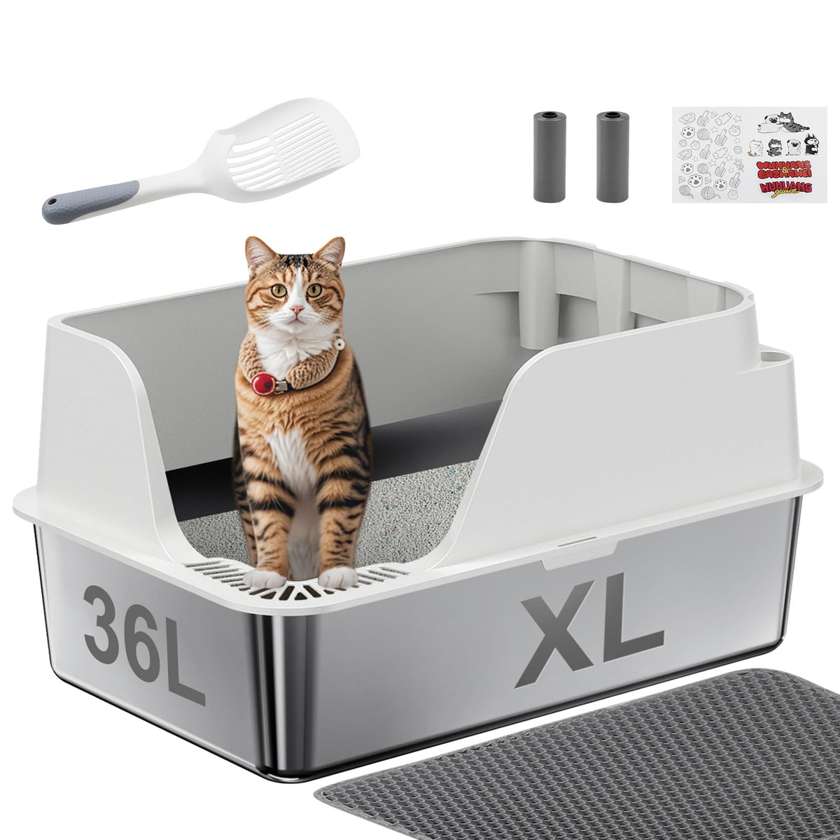 Stainless Steel XL Cat Litter Box with Lid, White