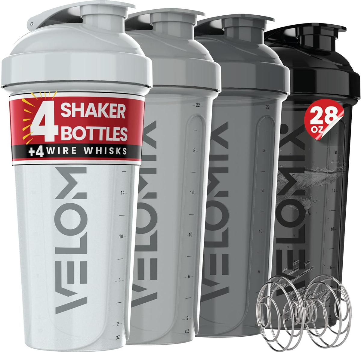 Velomix 4-Pack Protein Shaker Bottle with Wire Whisk, 28 oz