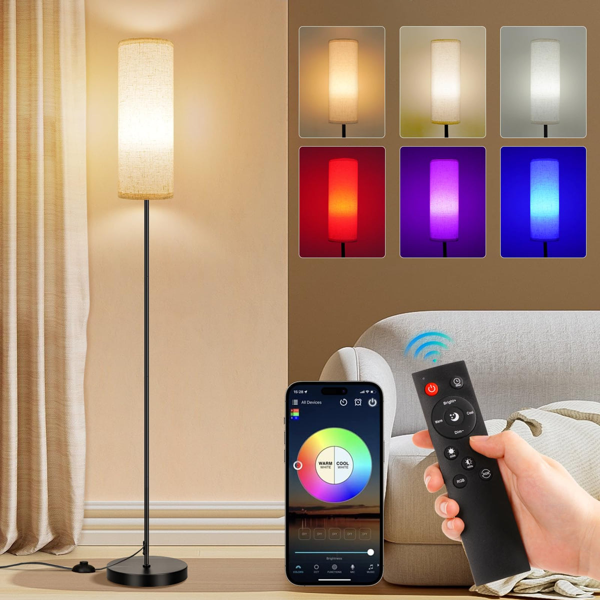 FRIDEKO HOME Dimmable Floor Lamp with Remote, Beige Shade