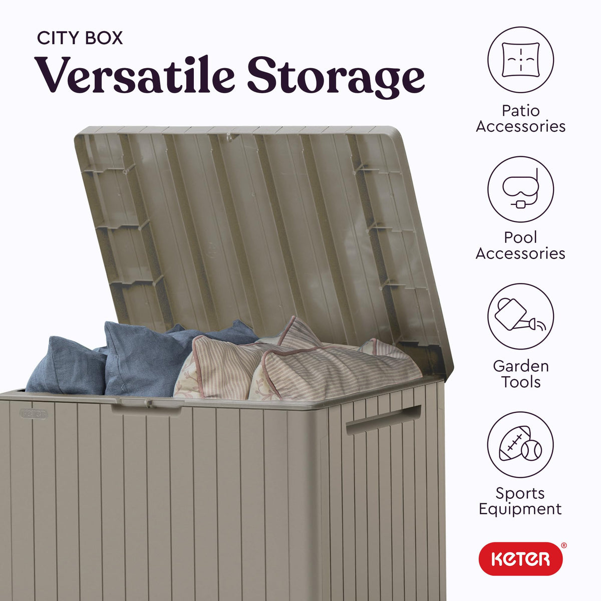 Keter City 30 Gallon Resin Outdoor Storage Box and Side Table, Beige